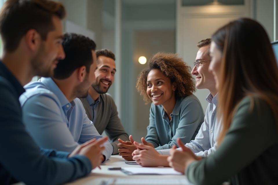 Diverse team of professionals in a discussion, representing collaboration and growth.