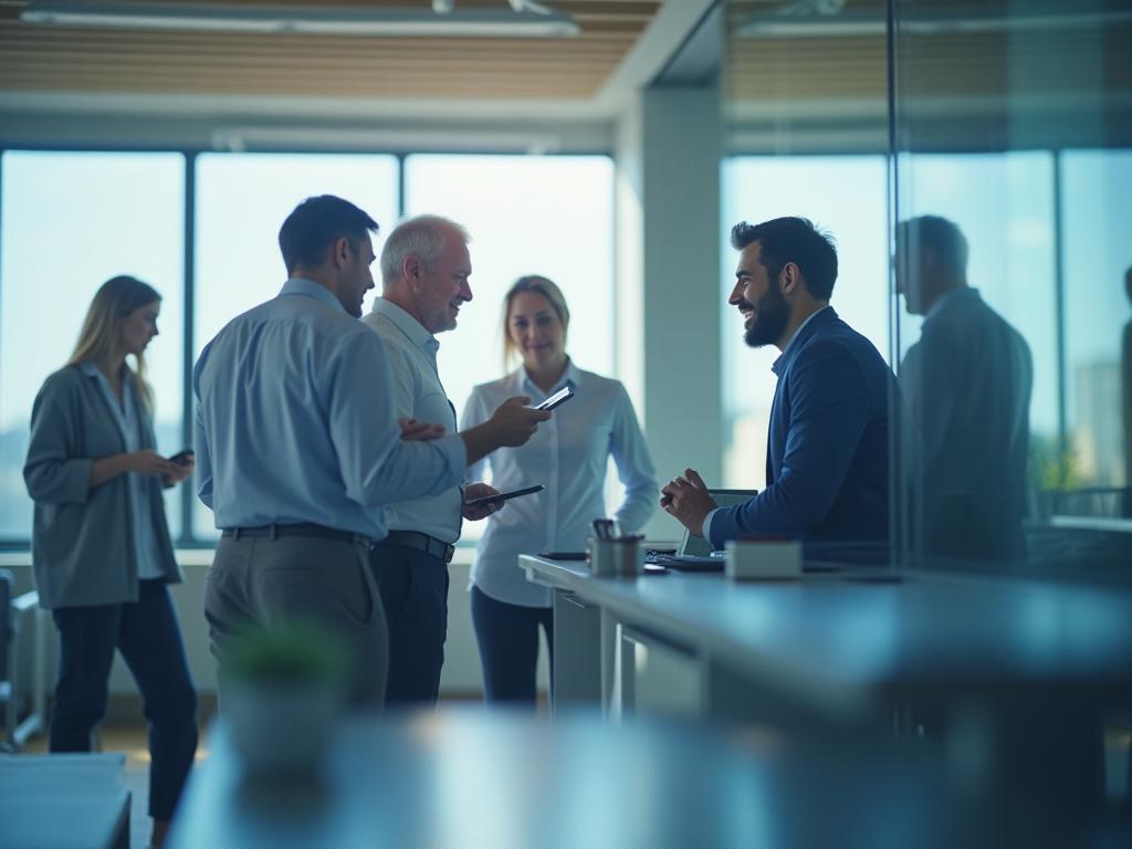 Professional people collaborating in a modern office setting, representing professional development.